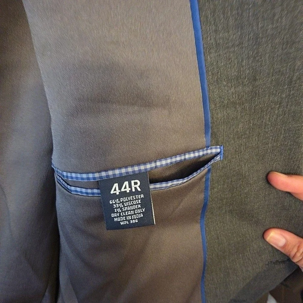 Saddlebred Perry Ellis Suit Mens 44R 36x32 Gray Check Slim Stretch 2 Piece Set